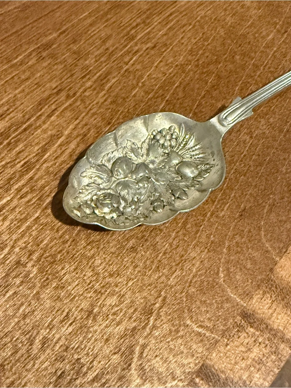 Victorian Silverplate Serving Spoon Ornate Fruit Floral Berry Pattern - Marked